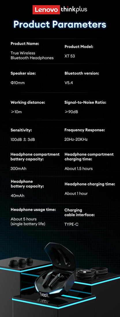 Fones de Ouvido Bluetooth V5.4 Lenovo XT53 Originais com Display LED de Energia Fone de Ouvido para Jogos Impermeável Anti-suor Fone de Ouvido Sem Fio Atualizado