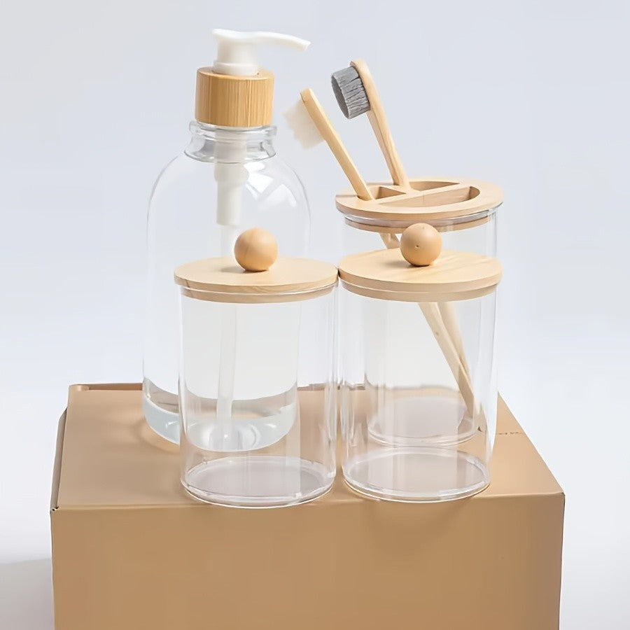 Boho Bathroom Accessories Sets Complete Bathroom Canister Accessory Set 4 Pcs, Clear Bath Soap Dispenser and Toothbrush Holder