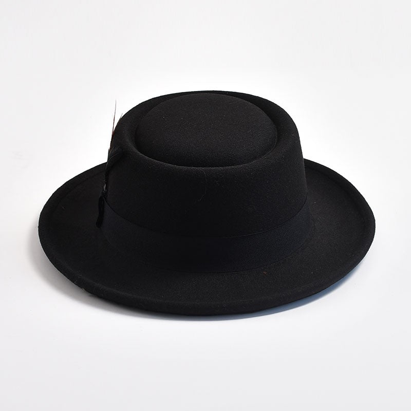 NEW Vintage Pork Pie Hat Mens Rolled Brim Felt Fedora Hat with Feather Gentleman Church Cap Trilby Jazz Hats