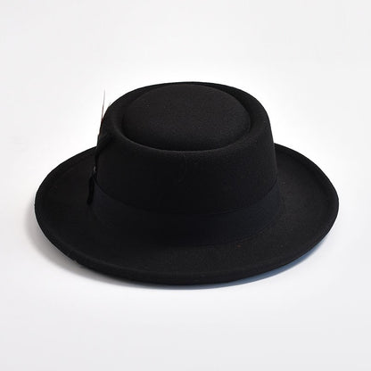 NEW Vintage Pork Pie Hat Mens Rolled Brim Felt Fedora Hat with Feather Gentleman Church Cap Trilby Jazz Hats