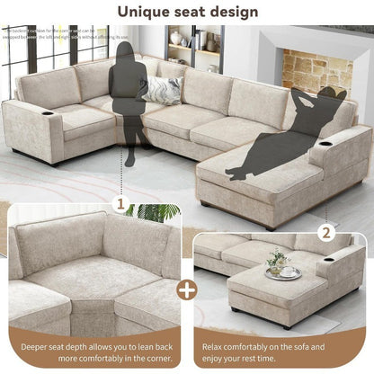 119" U Shaped Sectional Sofa, 6 Seat Chenille Corner Couch Set, for Living Room, Apartment, Beige