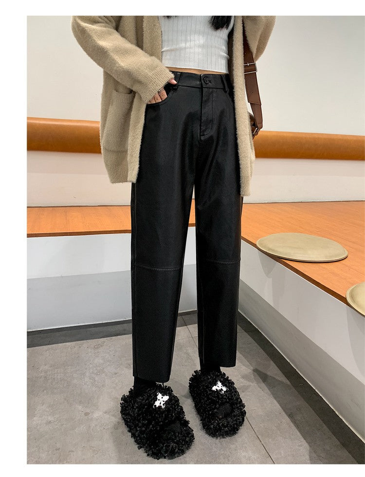 Autumn Winter PU Leather Vintage Women's Ankle Length Pants 2024 New High Waist Zipper Black Straight Pants Female Pockets