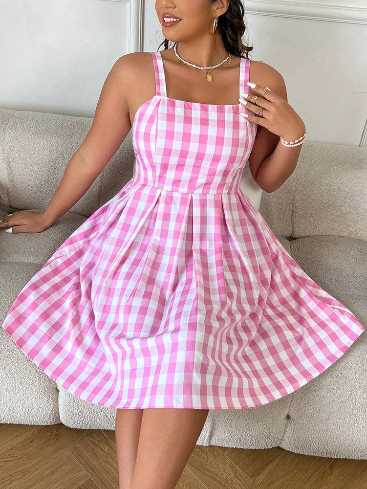 Plus Size Spring/Summer New Arrival Strapless Backless Dress Full Skirt Hem Holiday Beachwear Pink Checkered Dress