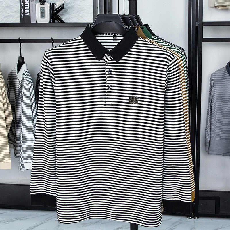 Men's Long Sleeved T-shirt, Youth Lapel T-shirt, Autumn Clothes Striped Polo Shirt Double-sided German Velvet 2025 New Trend Top