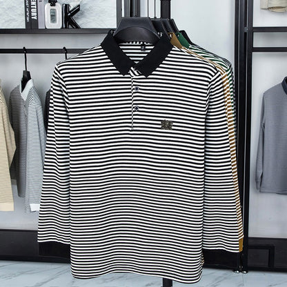 Men's Long Sleeved T-shirt, Youth Lapel T-shirt, Autumn Clothes Striped Polo Shirt Double-sided German Velvet 2025 New Trend Top