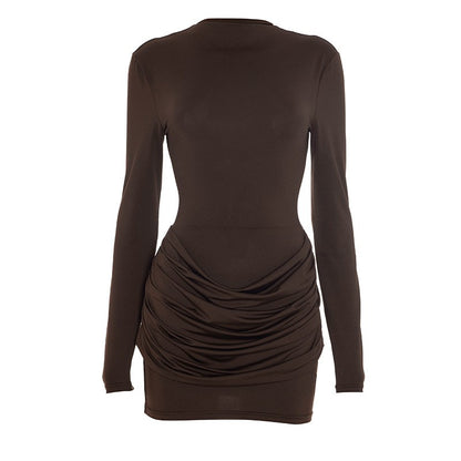 Lady Long Sleeve Ruched Sexy Mini Dress Women Autumn Winter New Elegant Solid High Waist Bodycon Club Party Dresses Female 2025