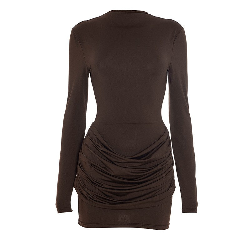 Lady Long Sleeve Ruched Sexy Mini Dress Women Autumn Winter New Elegant Solid High Waist Bodycon Club Party Dresses Female 2025
