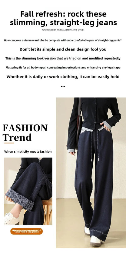 High Waist Straight Leg Jeans Loose Slimming Wide Leg Pants Fashionable Versatile Draping Lengthening Leg Appearances Floor-Leng