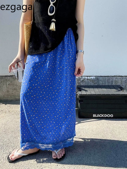 Ezgaga Skirts Women Elegant Floral Printed Lace Patchwork 2025 Summer Fashion Vintage Sweet Ladies Long Skirt Casual Chic