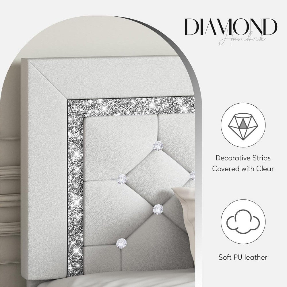 Cama King Size com Estrutura e Cabeceira Diamante, Plataforma Estofada em Couro Sintético, Base para Colchão, Não Requer Box Spring,