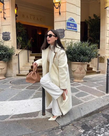 Elegant White Lapel Woolen Long Coat Women Fashion Full Sleeve Single-breasted Warm Loose Coats Lady Winter Commute Street Wear
