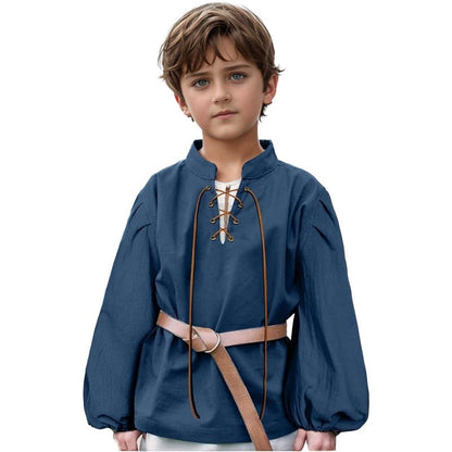 Boys Medieval Pirate Shirt Kids Renaissance Lace up Halloween Scottish Jacobite Ghillie Costume Tops Viking Colonial Costume Top