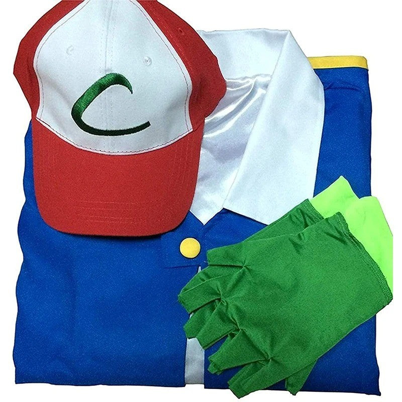 Halloween Cosplay Costume Anime Ash Ketchum Trainer Party Blue Jacket Cap Gloves Sets Theme Party Role Playing Outfits
