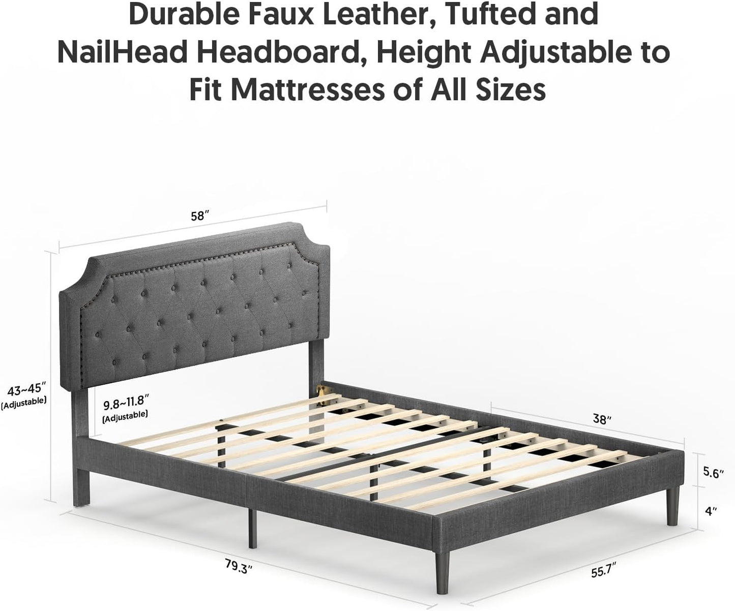 Full Size Grey Color Bed Frame Upholstered Low Profile Traditional Platform with Tufted and Nail Headboard/No Box Spring
