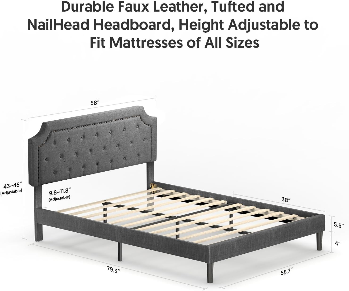 Full Size Grey Color Bed Frame Upholstered Low Profile Traditional Platform with Tufted and Nail Headboard/No Box Spring