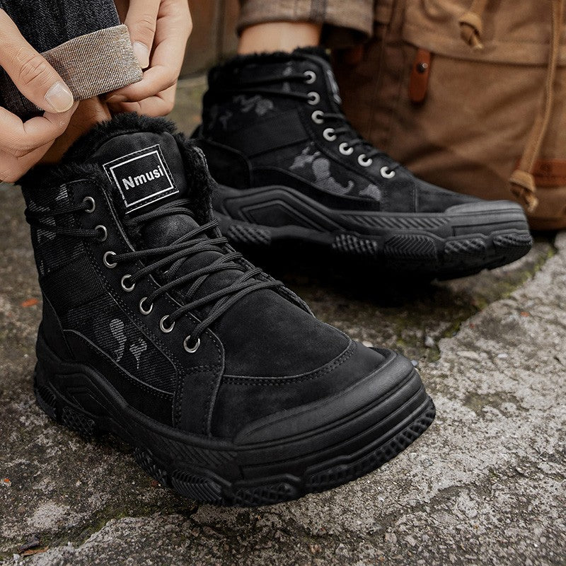 Winter Fleece Warm High-top Men's Shoes Trendy Casual Outdoor Solid Color Mid-top Fashionable Round Toe Plus-size Snow Boots