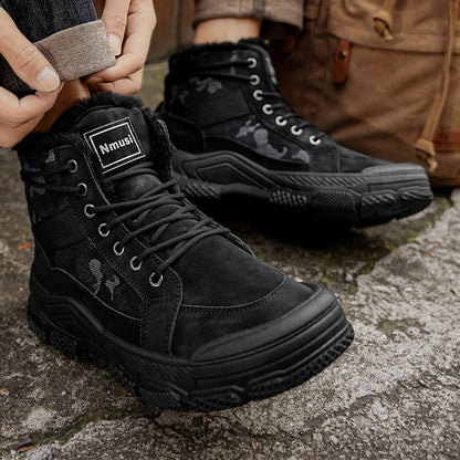 Winter Fleece Warm High-top Men's Shoes Trendy Casual Outdoor Solid Color Mid-top Fashionable Round Toe Plus-size Snow Boots