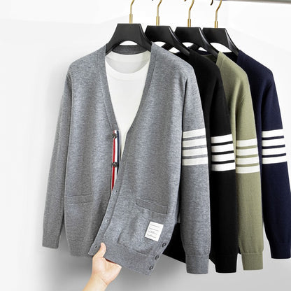 High end brand knitted cardigan men's spring and autumn new classic stripe trend Korean casual side slit V-neck sweater coat