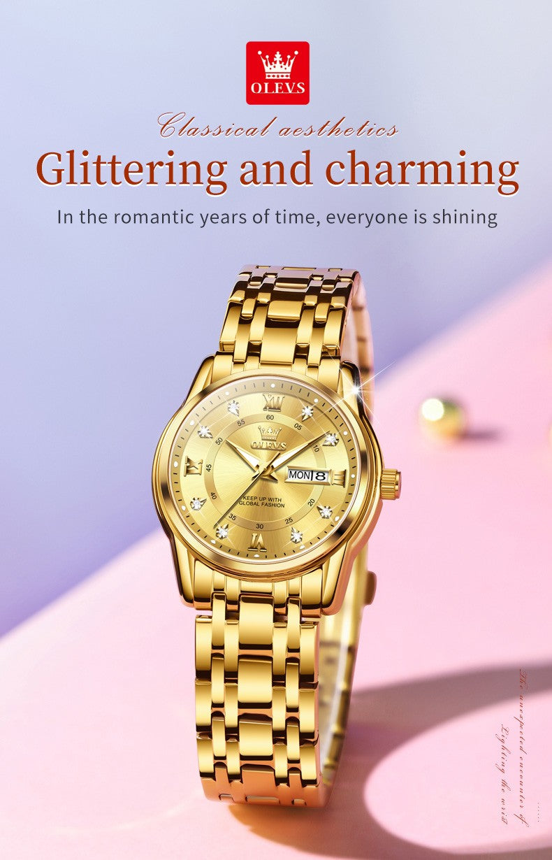 OLEVS 5513 Fashion Ladies' Watches Elegant Stainless Steel Waterproof Quartz Watch for Women Weekly Calendar Luminous Wristwatch