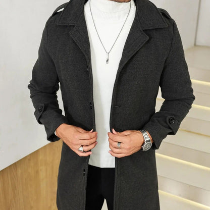 1PCS Men's Woolen Overcoat Jacket, Autumn Winter Casual Long Sleeve Outerwear, Lapel Pocket Design Comfortable Daily Wear
