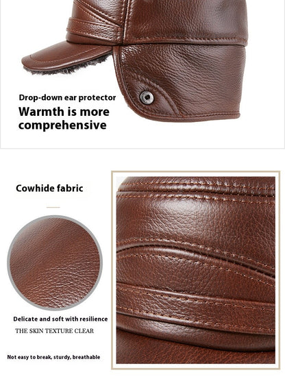 Men's Genuine Leather Duckbill Hat Winter Thickened Warm Outdoor Earflap Cotton Cap Elderly Real Leather Hat Cowhide Warm