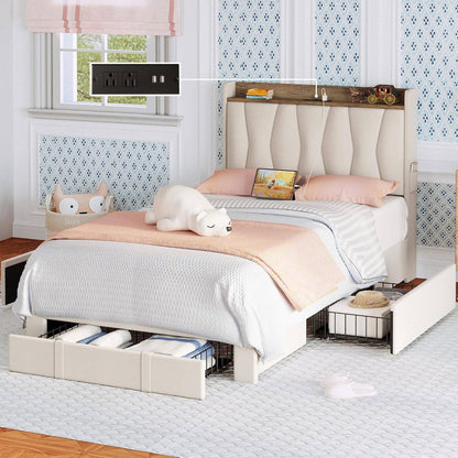 Cama de Solteiro com Estrutura e 3 Gavetas, Cama Plataforma Estofada com Cabeceira Armazenadora e Estação de Carregamento, Não Precisa de Box
