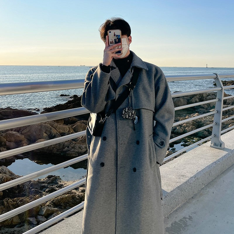 Winter Thick Woolen Coat Men Warm Fashion Solid Colors Oversized Long Wool Blends Coat Men Korean Loose Coat Mens Overcoat Q30