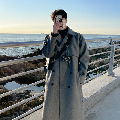 Winter Thick Woolen Coat Men Warm Fashion Solid Colors Oversized Long Wool Blends Coat Men Korean Loose Coat Mens Overcoat Q30