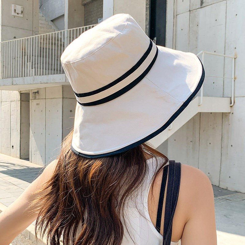 Women Summer Wide Brim Striped Bucket Hat Soft Cotton Fordable Panama Cap For Lady Outdoor Solid Color JK Beach Tour Basin Hat