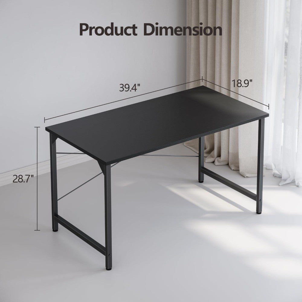 Contemporary Home Office Writing Desk, 40-inch Study Table with Sleek Black Metal Frame