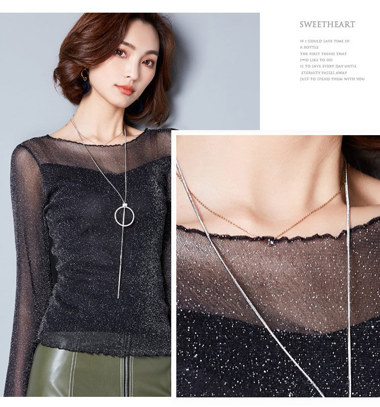 2025 Glitter Mesh Blouse Sexy Womens Shirts Long Sleeve Tops Korean Black Pink O-Neck Elegant Slim Blouse Camisas Femininas