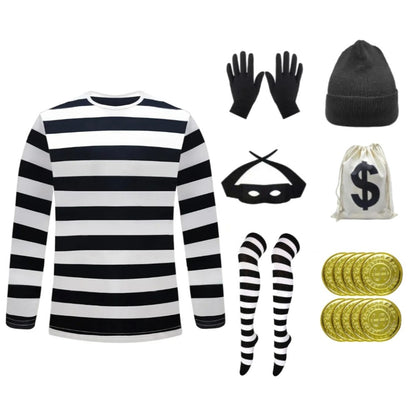 7pcs Movie Robber Cosplay Costume Thief Bank Robber Accessories Set for Women Men Halloween Carnival Party Clothes Role Play