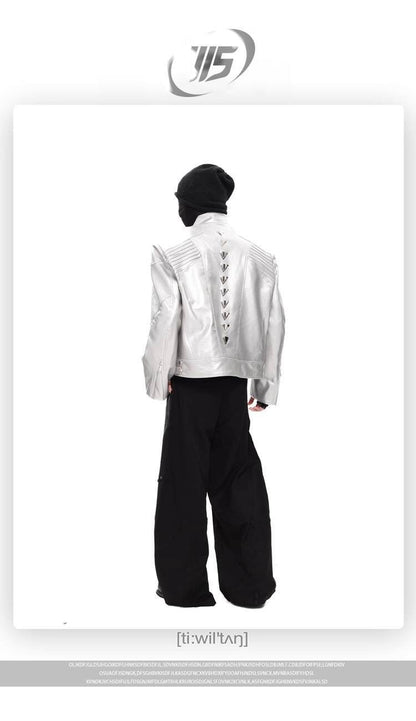 FEWQ Niche Design Men's PU Leather Coats Stand Collar Solid Color Zipper Metal Design Shoulder Pads Male Short Jacket 24K5931