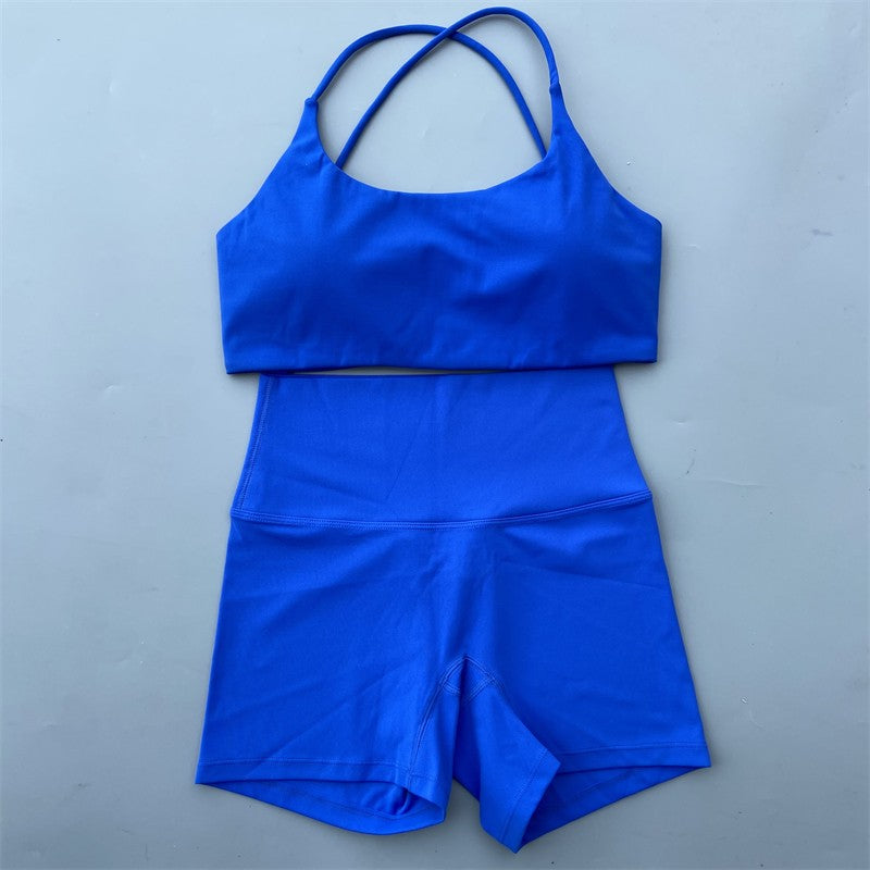 Yoga Shorts Set Gym Two Piece Sports Set Women Workout Outfit Fitness Suit Cross Straps Bra High Waist Shorts Running Tracksuit