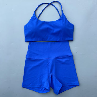 Yoga Shorts Set Gym Two Piece Sports Set Women Workout Outfit Fitness Suit Cross Straps Bra High Waist Shorts Running Tracksuit