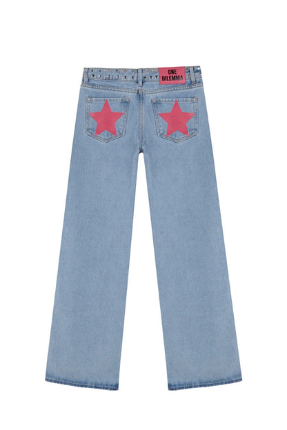 Y2K Women's Straight Leg Jeans Personalized Lucky Star Texture Retro Baggy Jeans Stylish High Street Willow Nail Low Waist Jeans