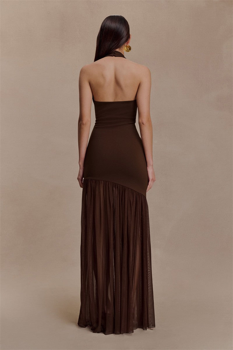 Mozision Hollow Out Halter Backless Sexy Maxi Dress Women Gown Elegant Patchwork V Neck Sleeveless Bodycon Club Party Long Dress