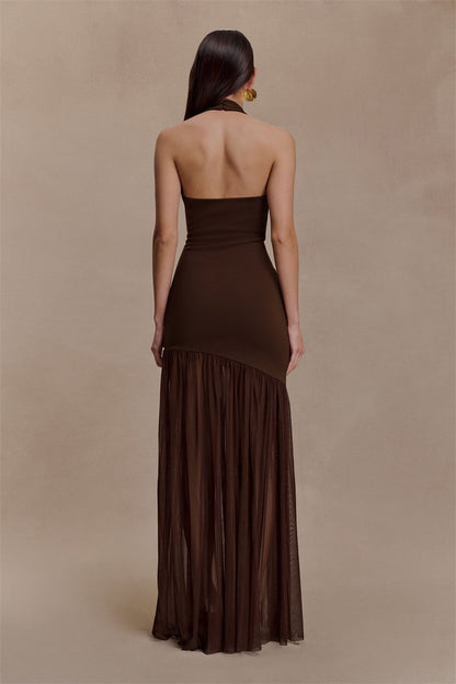 Mozision Hollow Out Halter Backless Sexy Maxi Dress Women Gown Elegant Patchwork V Neck Sleeveless Bodycon Club Party Long Dress