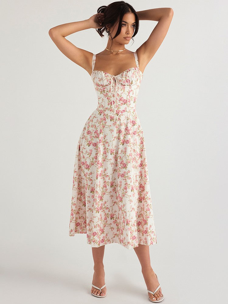 Suninheart Women's Summer Floral Print Dresses Sweet Elegant Midi Holiday Dress