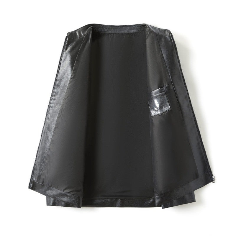 Men's Stand Collar Slim Fit Autumn Winter New Haining Leather Jacket Men's Middle-aged Plus Velvet Thickening