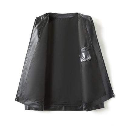 Men's Stand Collar Slim Fit Autumn Winter New Haining Leather Jacket Men's Middle-aged Plus Velvet Thickening