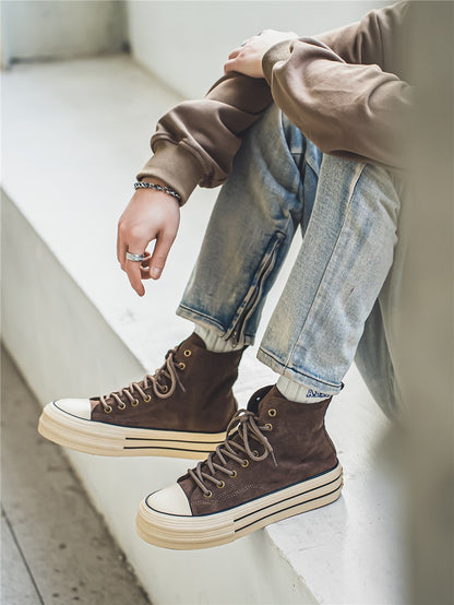 Novos Sapatos Masculinos de Cano Alto com Sola Plana, Botas de Trabalho Casuais para Exteriores com Sola Grossa, Sapatos Masculinos para Caminhada, Tênis de Lona de Cano Alto para Casais
