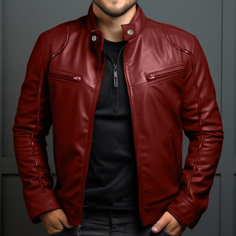 New Men's Business Leather Jacket for Autumn and Winter, Fashionable Stand Up Collar Casual Leather Jacket for Men
