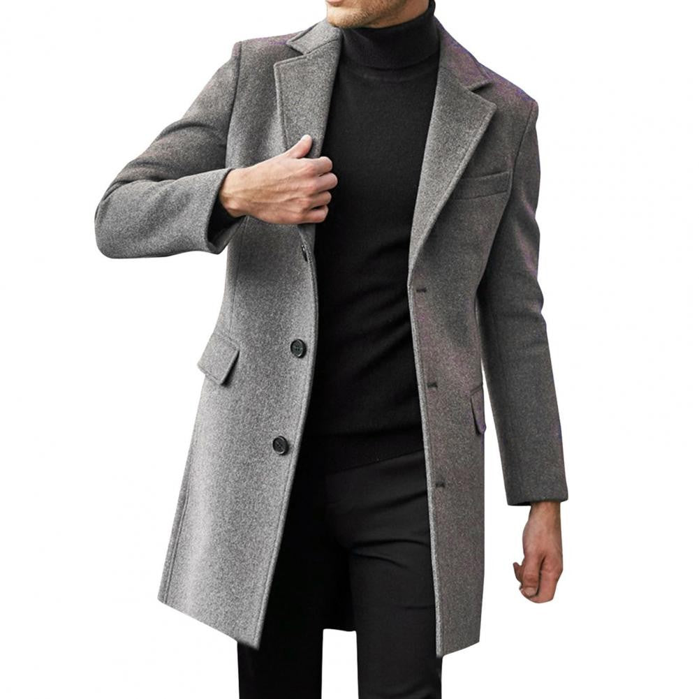 British Style Men Woolen Coat Flap Pockets Single breasted Elegant Men Trench Coat Mid length Long Winter Warm Overcoat