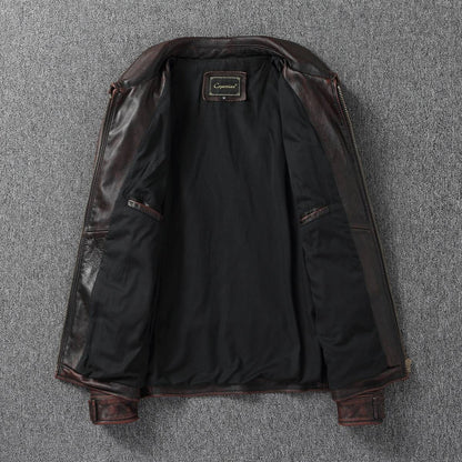 2025 New 1930s-Style Heavy Wash Leather Jacket for Men - Stone-Aged Vintage Distressed Full-Grain Cowhide Biker Coat