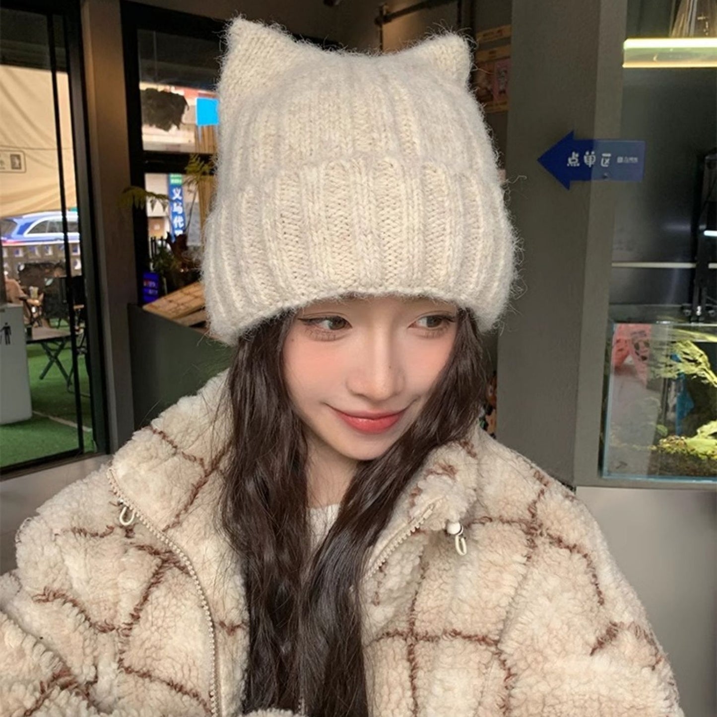 1PC Cat Ear Knitted Beanies, Cute Winter Warm Wool Hats For Women, Korean Style Fashion Headwear