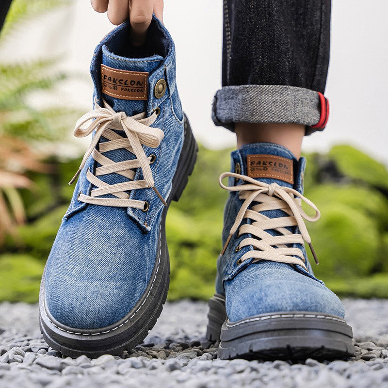 Retro blue men's denim boots, lace-up thick-soled boots, men's ankle boots, casual men's work shoes, Botas Hombre, size 48