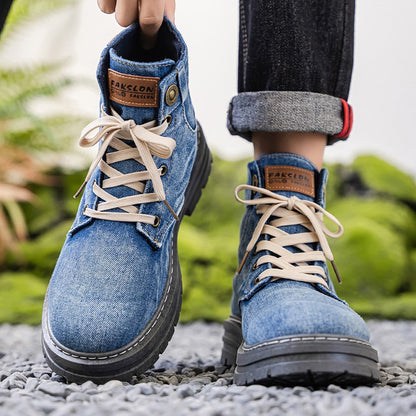 Retro blue men's denim boots, lace-up thick-soled boots, men's ankle boots, casual men's work shoes, Botas Hombre, size 48