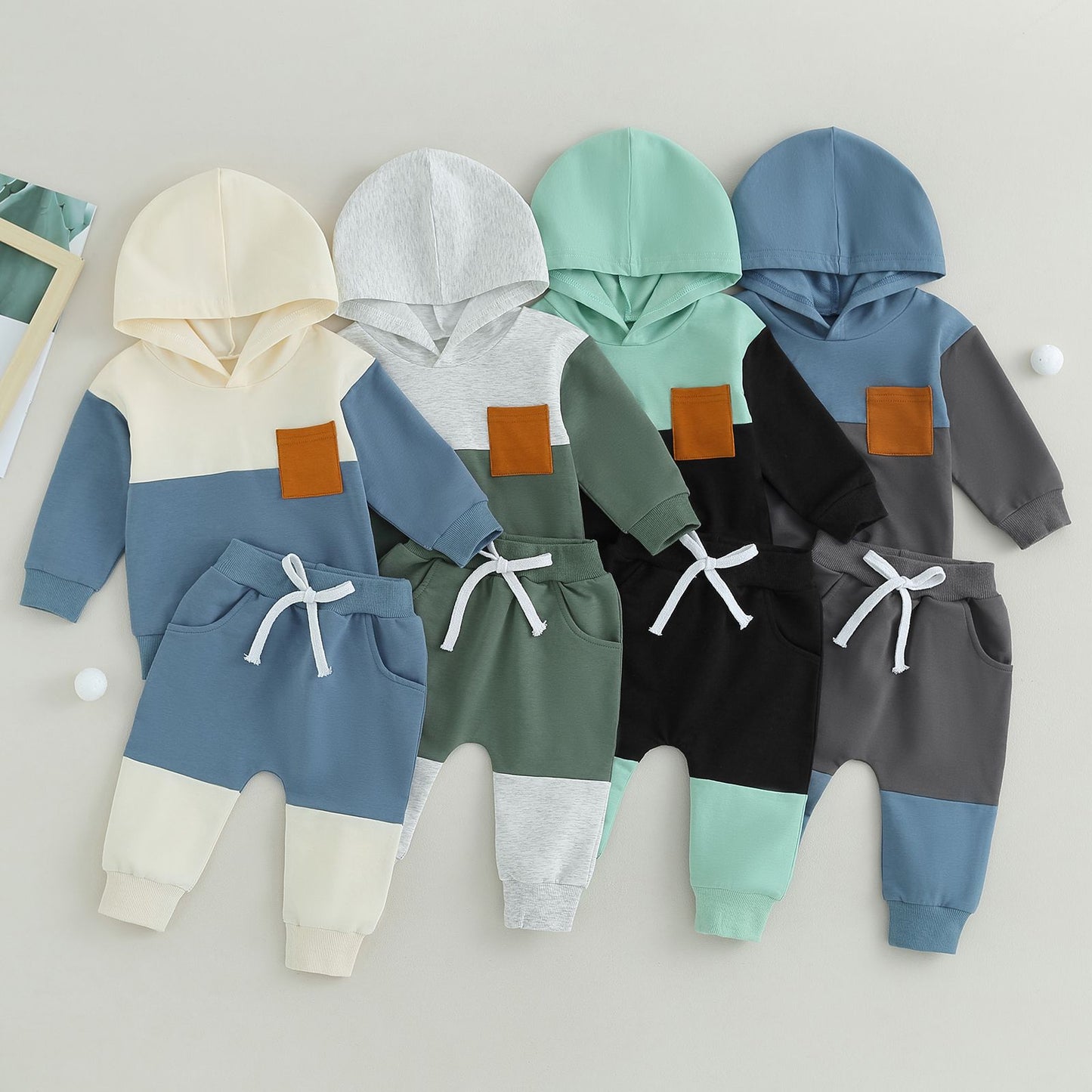 Citgeett Conjunto de Calças para Bebês e Meninos, Outono, Manga Comprida, Moletom com Capuz em Cor Contrastante, Calças com Elástico na Cintura