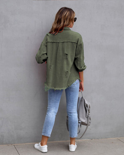 Autumn Winter Women's New Denim Jacket Fashion Grinding Edge Broken Hole Hollow Long Sleeve Single Breasted Casual Collar Top